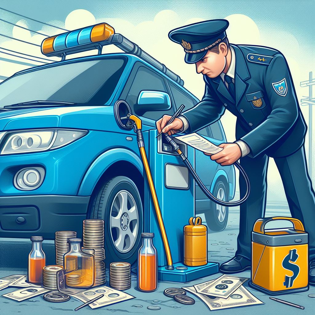 פקח רשות המסים בודק מיכל דלק של רכב.