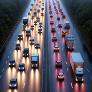 תקנת הדלקת אורות, רכבים נוסעים בכביש ביום גשום, צילום אילוסטרציה באמצעותת בינג בינה מלאכותית - אודי דוד בן דוד