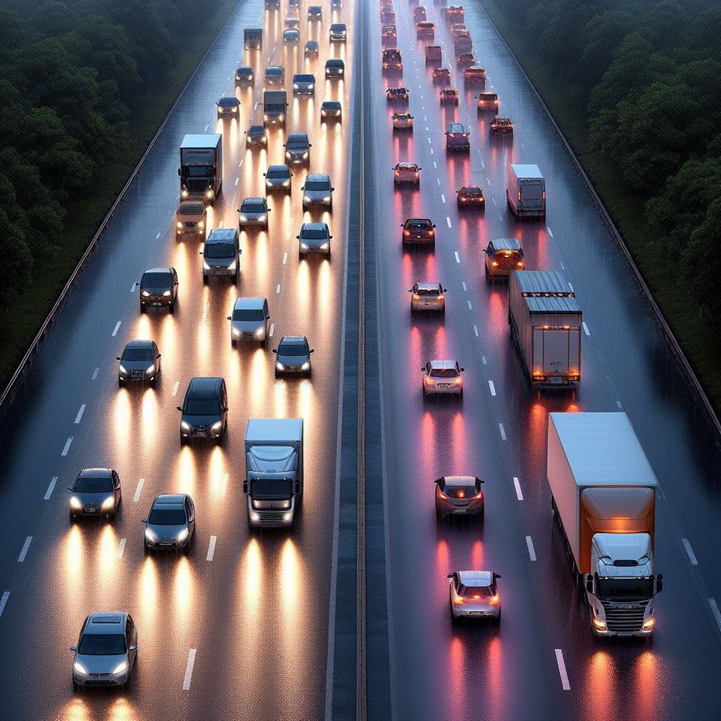 רכבים נוסעים בכביש ביום גשום, צילום אילוסטרציה באמצעותת בינג בינה מלאכותית - אודי דוד בן דוד